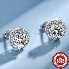 一对银色低过敏性闪亮奢华优雅星空向日葵几何设计耳环，适合日常佩戴、宴会、周年纪念、情人节礼物 - 圓鑽耳釘 - 查看 3