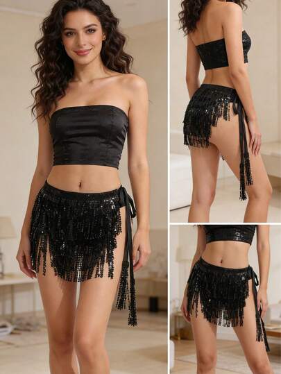 1件亮片流苏半身裙，性感露脐裙，可调节腰带，臀巾式裹裙，适合狂欢节、锐舞派对、舞蹈表演等场合，波西米亚风、复古风，适合节日、派对、夜店、海滩等场合穿着，异域风情服饰装饰。