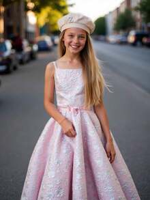 1顶珍珠A-Z字母儿童女童人字纹平顶贝雷帽，弹性帽带，可爱配饰，时尚儿童帽，日常休闲帽 - 米色 - 查看 3