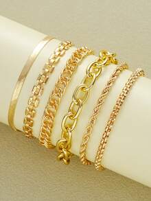 6Pcs/2pcs Simple Punk Chunky Chain Bracelet Set Metal Link Chain Combo, Ensemble With Rope, Snake, And Twisted Designs Multi Layered Bracelet Women's Holiday Dating Gift Daily Matching - Gold 1 - View 3
