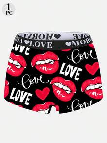 Dircho 1pc Women's Love-Themed Red Lip & Heart Print Low-Rise Boy Shorts, Soft Stretch Skin-Friendly Casual Underwear For Daily Wear - Multicolor - View 1