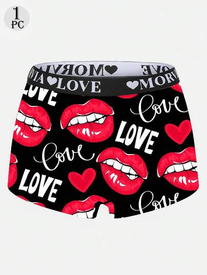 Dircho 1 pieza Pantalones cortos tipo bóxer de mujer con estampado de labios rojos y corazones de tema de amor, de tela suave y elástica, amigable con la piel, para uso diario