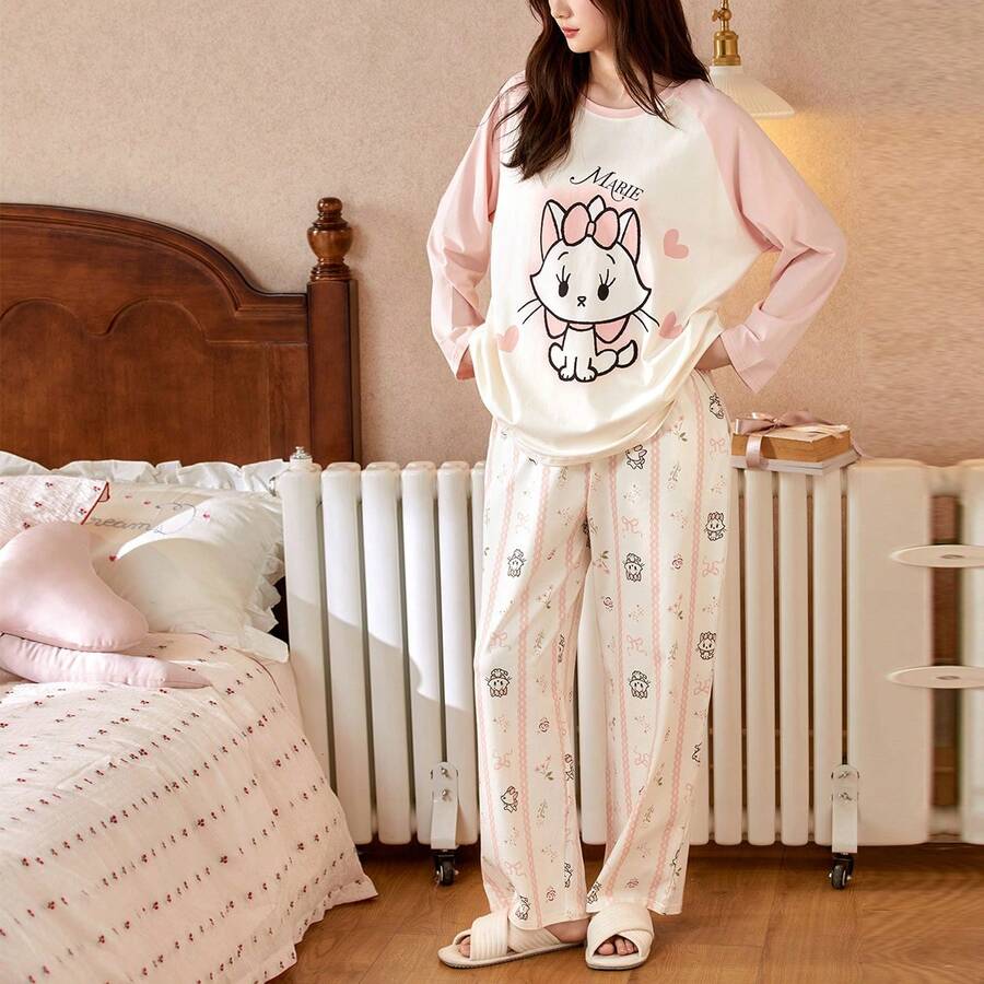 2pcs Disney Marie Cat Print Cotton Long Sleeve Pajama Set For Women, Spring/Autumn - Pink - View 1