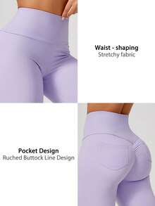 NcmRyu 1pc Women High Waist Solid Color Elastic Ruched Design Back Pocket Sports Pants Spring - Mauve Purple - View 4