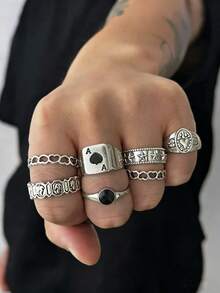 Set de 7 anillos geométricos de estilo punk, para uso diario casual para hombres - Plateado - View 2