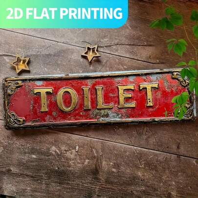 1pc Vintage Metal Sign Plaque, Engraved "TOILET", 2D Flat Design, Iron Material, Size 39.88 X 9.91 Cm. Pre-Drilled Holes For Easy Hanging, Ideal Decor For Home, Kitchen, Farmhouse, Porch
