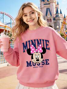 1pc Disney Minnie Mouse Classic Iconic Graphic Tween Girl Effortless Casual Style Sweatshirt, Skin-Friendly & Low-Maintenance For Errands & Casual Hangouts - Hồng - Xem 2