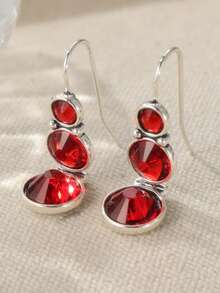 Boucles d'oreilles pendantes rondes géométriques rétro minimalistes, incrusté de zirconium synthétique rouge. Bijoux exquis et charmants pour femmes, convenant pour un port quotidien et en cadeau - Rouge - Voir 4