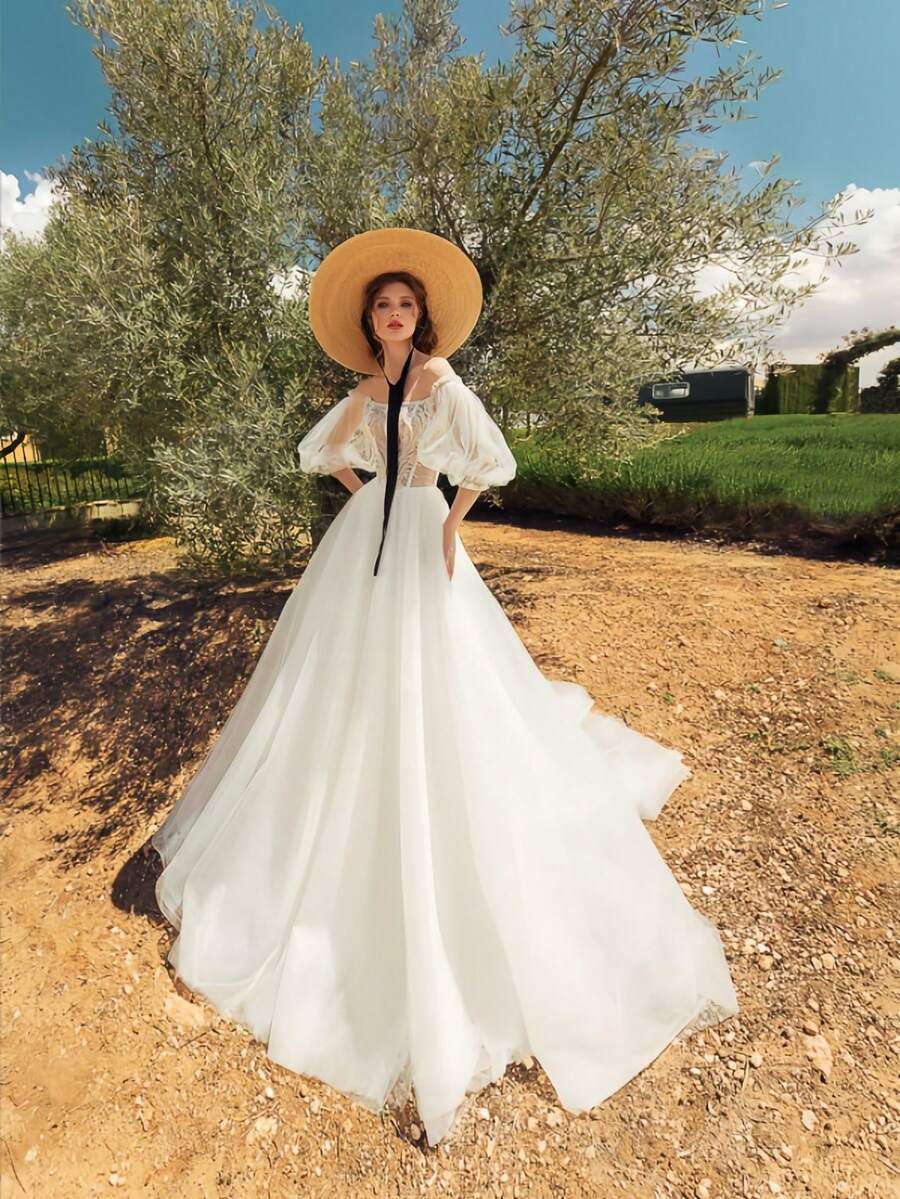 Elegant Bardot Neckline Wedding Dress With Sheer Three-Quarter Bell Sleeves, Low Back, And Flowing A-Line Skirt – Dreamy Bridal Gown With Graceful Silhouette, Perfect For Weddings, Christmas, Halloween, Balls, Birthday Parties, Proms And Special Events. Suitable For Bridal Ceremony, Party Banquets, Holiday Celebrations, Formal Dinners, Graduation Galas, Homecoming, Cocktail Events, Bridesmaid Attire, Wedding Guest Outfits, And Photoshoot Occasions. - 白色 - 查看 1