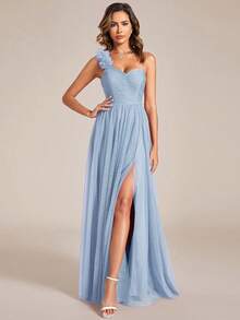 EVERPRETTY Spring One Shoulder Floral Applique High Slit Sheer Tulle Light Blue Bridesmaid Dress Elegant Wedding Guest Dress - Baby Blue - View 6