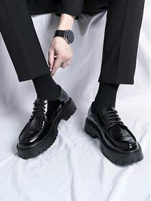 Men's Leather Lace Up Platform Oxfords Round Toe Chunky Heel Lug Sole Heightening Soft Bottom Derby Casual Shoes Classic Work Office Business Dress Shoes - 黑色 - 查看 5