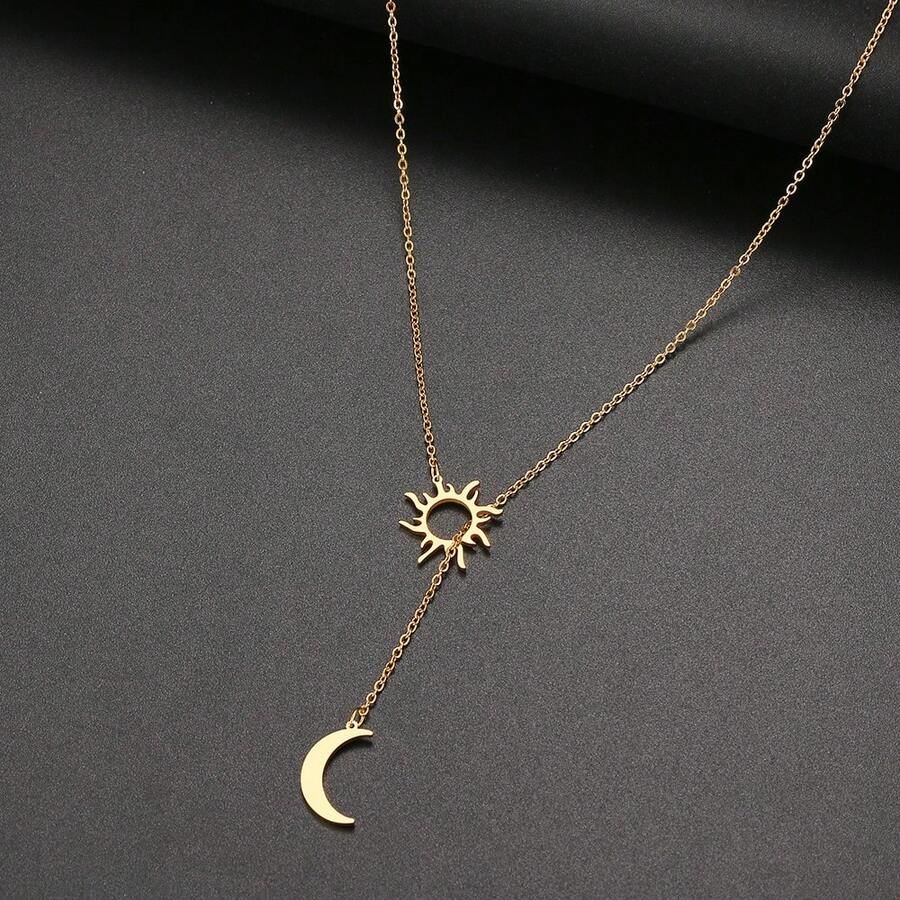 1 Stainless Steel Clavicle Chain Y-Shaped Drawable Sun And Moon Elements Simple Niche Wind Gold, Silver Young Women Daily Commuting Valentine's Day Gifts. - necklace - View 1