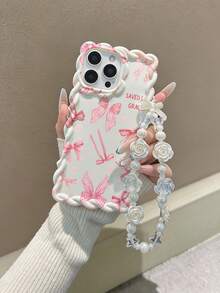 Pink Bow Tie Cream Swirl Wave Edge Beige Detachable Bracelet Charm Fashionable Minimalist Thick Shockproof Phone Protective Case Suitable Compatible With Iphone 17/17 Pro, 15 Pro Max, 16/16 Pro/16 Pro Max, 16 Plus, 15 XR, 7/8, 15 Pro Max, 12 Pro Max, 13 Pro Max, 14 Pro Max, 13, 14, 11, 12, 14, Phones - Multicolor - View 2