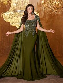 UNITHORSE Women's Square Neck Extra Long Sleeve Embroidered Fitted Linen Formal Dress Vacation Wedding Party Fall - Olive Green - View 3