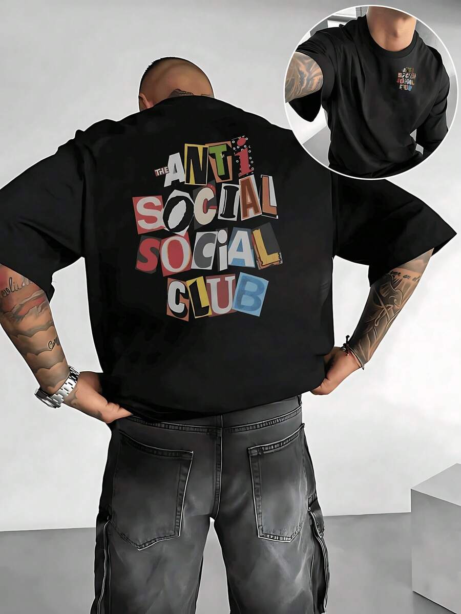 OMSTUDIO Men's Double-Sided Printed T-Shirt Colorful Anti Social Club Pattern, Comfortable, 100 Percent Cotton, 180GSM, Graphic Cropped Graphic Tee, Men Graphic Tees ,Street Wear, Size S XXXL, Shipped From Local Warehouse, Man Gift. - 黑色 - 查看 1