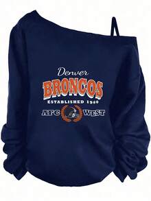 Denver Broncos Established 1960 Black Off - The - Shoulder Sweatshirt With Right Strap, Long Loose Sleeves, Cuffed - Text Graphics & Helmet Emblem, Perfect For Fans - Summer Tops - Club Outfits For Women - Long Sleeve Tops Women - Women's Off-Shoulder Top - Navy Blue - View 1