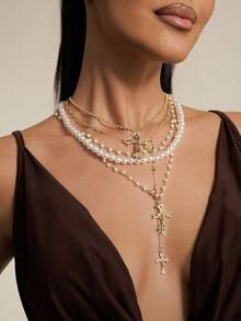 4pcs/Set 14k Gold Plated Multi-Layer Beaded Cross & Virgin Mary Necklace, Suitable For Vacation, Prayer, Baptism Wear - Style 9 - View 1