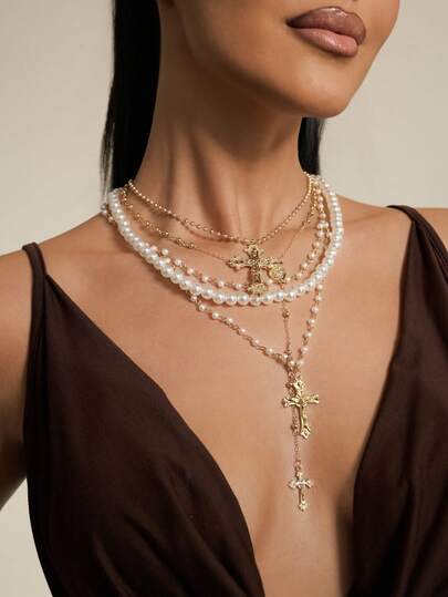 4 قطع/مجموعة قلادة مطلية بالذهب عيار 14 قطع متعددة الطبقات مزينة بالخرز بشكل صليب وسيدة العذراء، مناسبة للارتداء في العطلات والصلاة والمعمودية