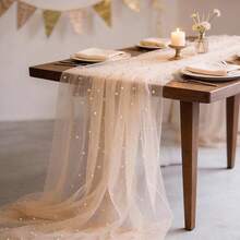 1 Stück Champagner Perle Tüll Tischläufer, weiches Polyester mit hübschen Perlen eingebettet, dekorativer Tischläufer und Stuhlrückenbezug, geeignet für Tischdekoration, Heimdekoration, Geschenkband, Dessertbuffet, Hochzeit - Champagnerfarben - Übersicht 6