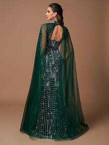 SUPGIR [Non-Positioning Flower] Halter Extra Long Flowing Mesh Sleeve Heavily Embroidered Pearl Long Evening Gown - Dark Green - View 3