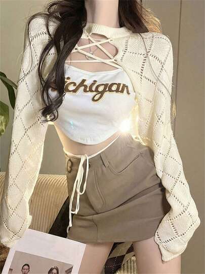 Summer Beige Argyle Hollow-Out Knit Shrug - Elegant Pure Yurty Sexy Sweet Casual Street Y2K Long-Sleeve Mock Neck Lace-Up Detail Crop Ladies Knit Shrug & Ladies Top | For Young Ladies, Ladies, Sweet Girls, Y2K Girls & Hot Girls, Perfect For Valentine's Day/Women's Day/Mother's Day/Casual Hangout/Beach Vacation/Party Gathering/Back To School/Wedding Season/Music Festival/2026 Argyle Knit Shrug