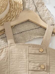 Conjunto de 2 piezas para niñas jóvenes: top camisola de verano con decoración de botones metálicos en forma de rosa + falda pantalón con bolsillo asimétrico, ideal para vacaciones - Caqui - Ver 8