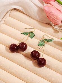 1 Pair Fruit Cherry & Green Leaf Earrings, Cute & Elegant Resin Earrings For Students - Purple - View 2