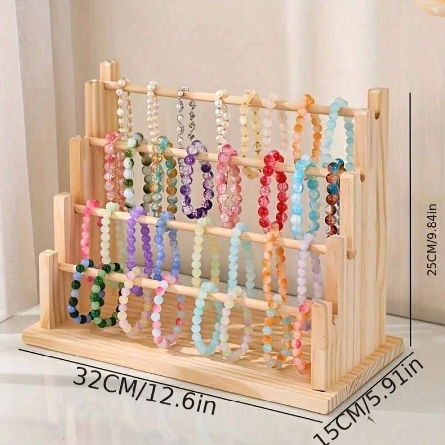 Wooden Bead Bracelet Display Stand, DIY Jewelry Organizer, Handmade Crafts Storage Rack, No Power Required, Artistic Bead Necklace Holder For Stalls, DIY Jewelry Display And Packaging Supplies - cột gỗ bốn lớp - Xem 1