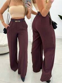 Women's Wide-Leg Pants With Belt. - Maroon - View 1