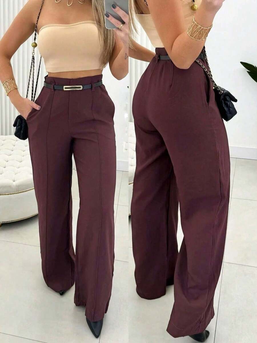 Women's Wide-Leg Pants With Belt. - Maroon - View 1