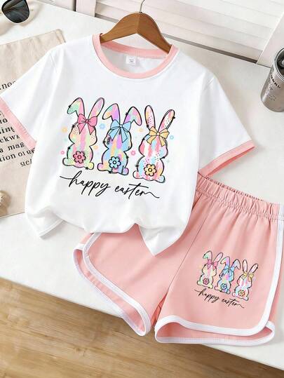 2pcs/Set Girls Easter Rabbit Print T-Shirt And Shorts, Comfortable Soft Fabric, Spring/Summer Outfit