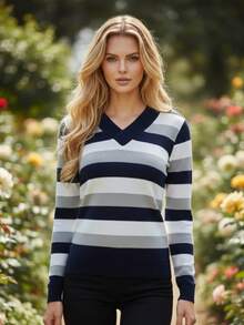 Women's Striped Sweater Blouse | Women's Long-Sleeved Striped Blouse | Striped V-Neck Blouse - 海軍藍/維扎利 - 查看 2