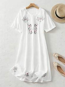 Spring Summer Autumn Elegant Bohemian Romantic Vintage Floral Embroidery Design Heavy Embroidery Casual Women's Mid-Length Dress, Vacation Commute Holiday Casual Fresh Daily Outing Birthday Party Versatile Dress Casual Boho Vintage Long White Midi Dress V Neck Embroidery - White - View 7