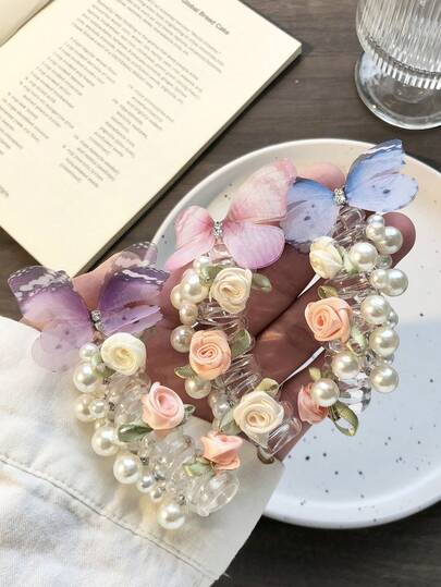 1/3个电话线发圈，仿珍珠花朵蝴蝶结装饰马尾辫发圈，无损发饰，优雅乡村风格，女士美容家居卧室装饰发圈，橡皮筋发带，发绳，弹性发圈