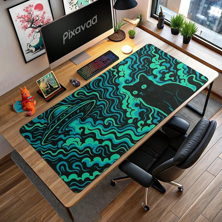 Alfombrilla de ratón para juegos XXL, Alfombrilla de escritorio con gato negro y OVNI, Alfombrilla de ratón alienígena, Líneas de onda verde neón abstractas, Adecuado para jugadores y usuarios - A - Ver 1