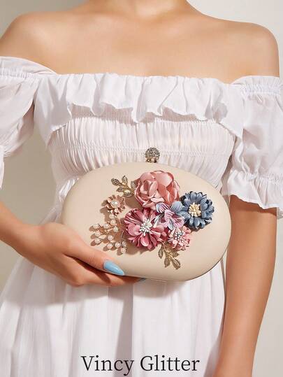 Elegant Floral Rhinestone Egg-Shaped Evening Bag, Shoulder Crossbody Clutch Purse, Perfect For Attending Balls, Parties, Matching Dresses And Cheongsam, Fashionable And Versatile