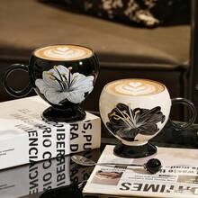 Black & White Contrast Lily Flower Pattern Ceramic Coffee Mug, Classical Elegant Bulbous Shape Teacup, Large Capacity For Home & Office, Afternoon Tea, Unique Gift - Multicolor - View 12