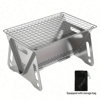 1pc Portable Stainless Steel Camping Grill - Heavy Duty Foldable Wood Burning Stove With Grate, Fire Pit, Grill Grate And Vents, Outdoor Camping Cookware, Camping Gear, Barbecue Supplies, Camp Kitchen Equipment, Easy To Carry, Suitable For Camping Accessories, Hiking, Travel, RV, Outdoor Patio, Adventure, Picnic, Party, Fishing, Group Gathering, Dining, Family Entertainment, Grilling Accessories, Hiking, Tea Brewing, Gifts For Men & Women, Camping Equipment