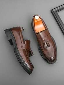 Men's Fashion Tassel Platform Loafers Comfortable Wide Round Toe Slip On Lug Sole Low Block Heel Business Dress Shoes Non-Slip Work Office Casual Shoes - 棕色 - 查看 11
