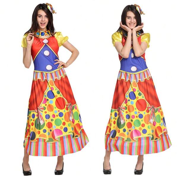 Adult Rainbow Circus Clown Costume For Women Funny Joker Girls Birthday Carnival Party Outfit Sweet Clothes