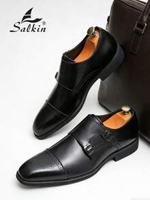 Pantofi eleganți bărbătești cu vârful ascuțit, design vintage Brogue, cu bareta Monk, pantofi eleganti formali pentru gentleman, potriviți pentru persoane de vârstă mijlocie, tineri, studenți, întoarcerea la școală, ceremonii de absolvire, birou, afaceri, petrecere, nuntă, mire, primăvară/vară/toamnă, mărime mare - Negru - Vizualizare 4