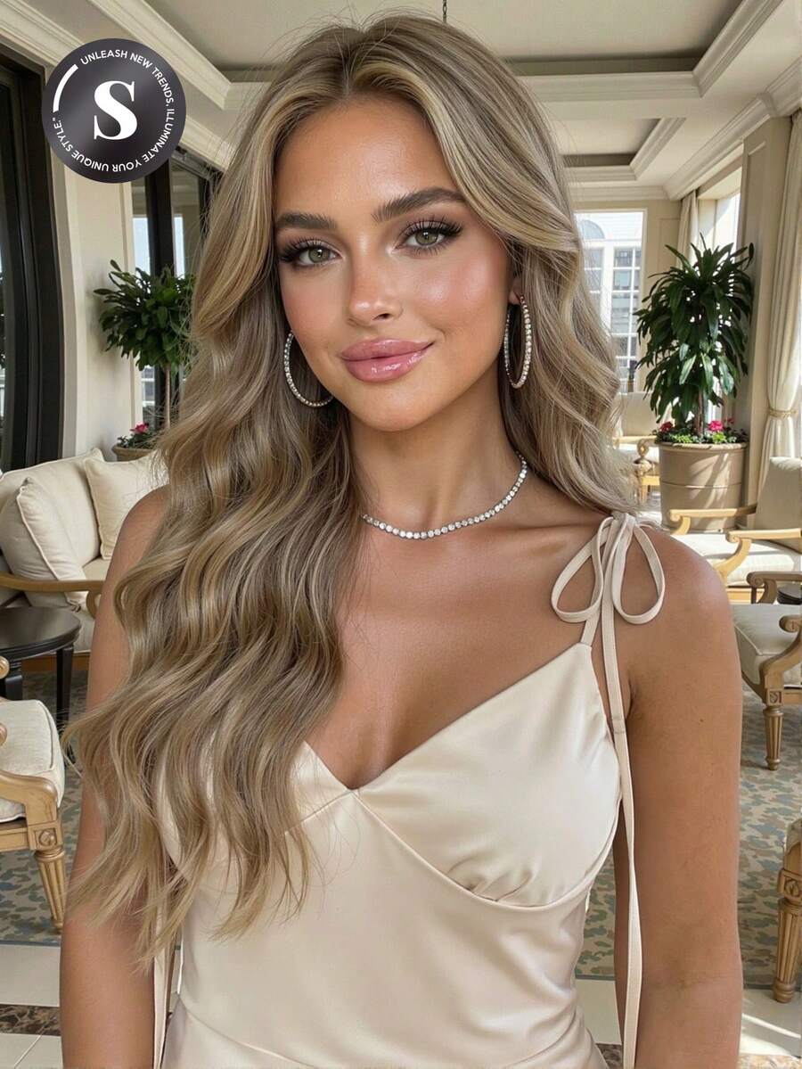 24 Inch Golden Bangs Long Curly Rose Net Wig, Soft Synthetic Hair, Fashion Essential, Comfortable & Natural-Looking, Suitable For Beginners, Suitable For Daily, Party, Cosplay, Music Festival And Other Occasions - Blonde Highlight - View 1