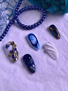 10片装女士美甲贴片，手工制作，情人节蓝金3D立体花卉金线镶嵌设计，亚克力材质，可重复使用，易于粘贴和卸除，ins风手工美甲套装，含美甲饰品、美甲胶水和美甲贴纸。 - 彩色 - 查看 6