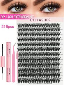 216pcs Eyelash Extensions, Eyelash Extensions, False Eyelashes, Eyelash Extensions, Adhesive Seals, Tweezers, Eyelash Brushes, False Eyelash Kits, Fluffy C Curls, 9-16mm Mixed Length Eyelash Clusters Suitable For Beginners, Beginners, And Makeup Artists. Soft And Long-Lasting False Eyelashes - Black - View 1