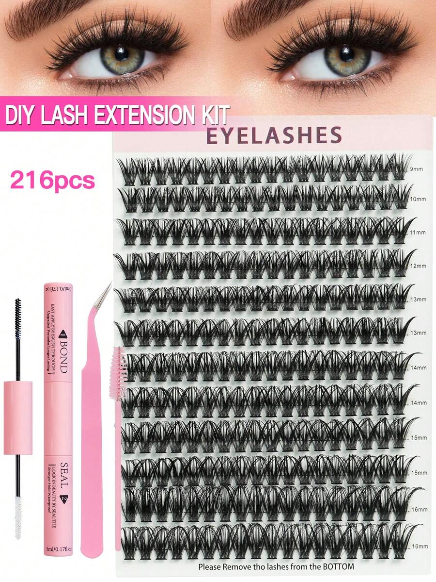 216pcs Eyelash Extensions, Eyelash Extensions, False Eyelashes, Eyelash Extensions, Adhesive Seals, Tweezers, Eyelash Brushes, False Eyelash Kits, Fluffy C Curls, 9-16mm Mixed Length Eyelash Clusters Suitable For Beginners, Beginners, And Makeup Artists. Soft And Long-Lasting False Eyelashes - Black - View 1