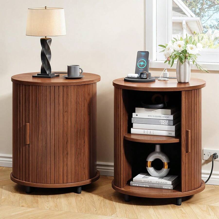 ONBRILL Fluted Round End Table Set Of 2, Mid Century Bedside Table With Sliding Door & 2 Tier Storage, Modern Nightstands Set Of 2 For Living Room, Bedroom, Entryway, Walnut - Xem 1