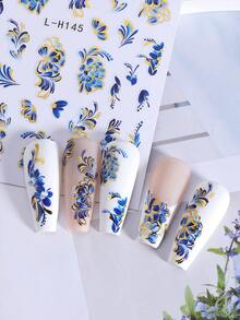 2片装蓝色花卉陶瓷风格美甲贴纸，蓝色花藤图腾美甲贴纸，自粘3D滑动美甲装饰，女士美甲配件 - 彩色 - 查看 4