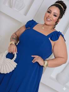 Plus Size Short Dress In Duna Fabric With Ruffled Straps And Elastic Back, Lined, Sizes GG G2 - 寶藍色 - 查看 2