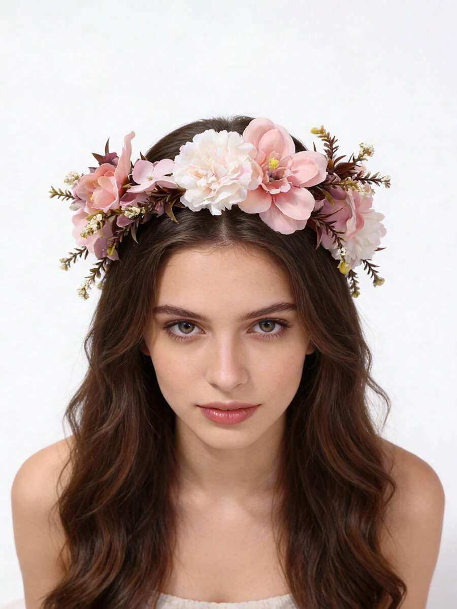 1件波西米亚风花朵发箍，森林风格人造花冠，新娘伴娘婚礼摄影公主派对旅行假日发饰 - 58484 粉紅色 - 查看 1