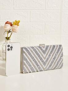 Diamond & Pearl V-Shaped Evening Clutch Box-Shaped Bag For Attending Balls & Parties, Luxury Women's Handbag, Socialite Hand Bag, Crossbody Chain Shoulder Bag, Fashionable & Versatile - Silver - View 3